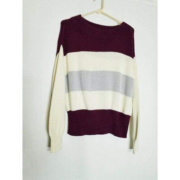 Lucky Brand Burgundy Striped Colorblock Knit Boatneck Pullover‎ Sweater S/P - Picture 2 of 12